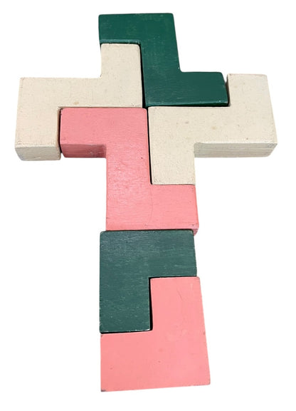 Vintage Wooden Cross Puzzle Toy 6 Pieces with Wooden Cross Box