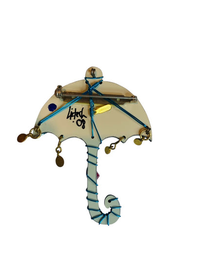 Signed Liztech Jewelry April Showers Brooch Pin 2008 Umbrella 2.5" with Tag