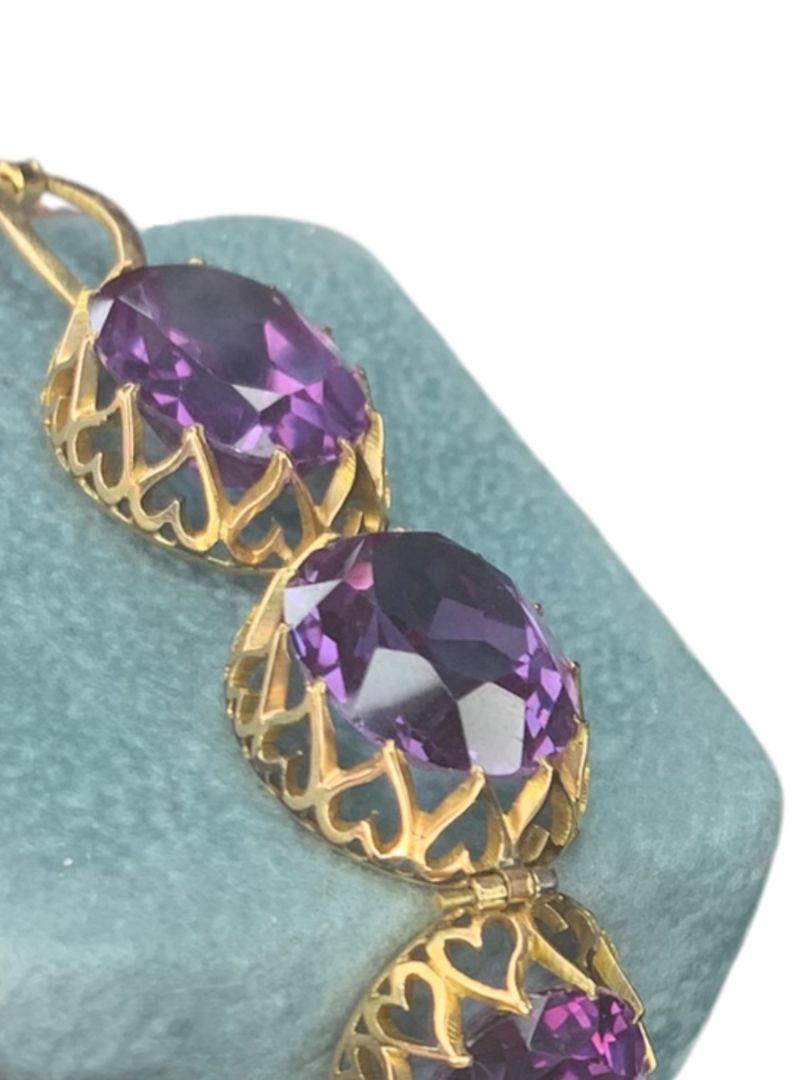 14k Yellow Gold Synthetic Amethyst Bracelet Vintage Jewelry Heart Filigree Setting 7.5"