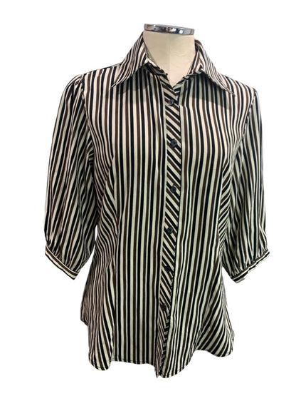 Large Ninety Womens Brown Black Striped Half Sleeve Button Up Blouse