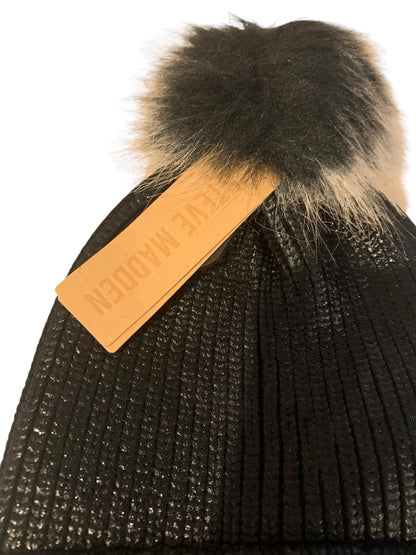 Steve Madden Foiled Beanie Faux Fur Womens New Hat Black Pom Pom