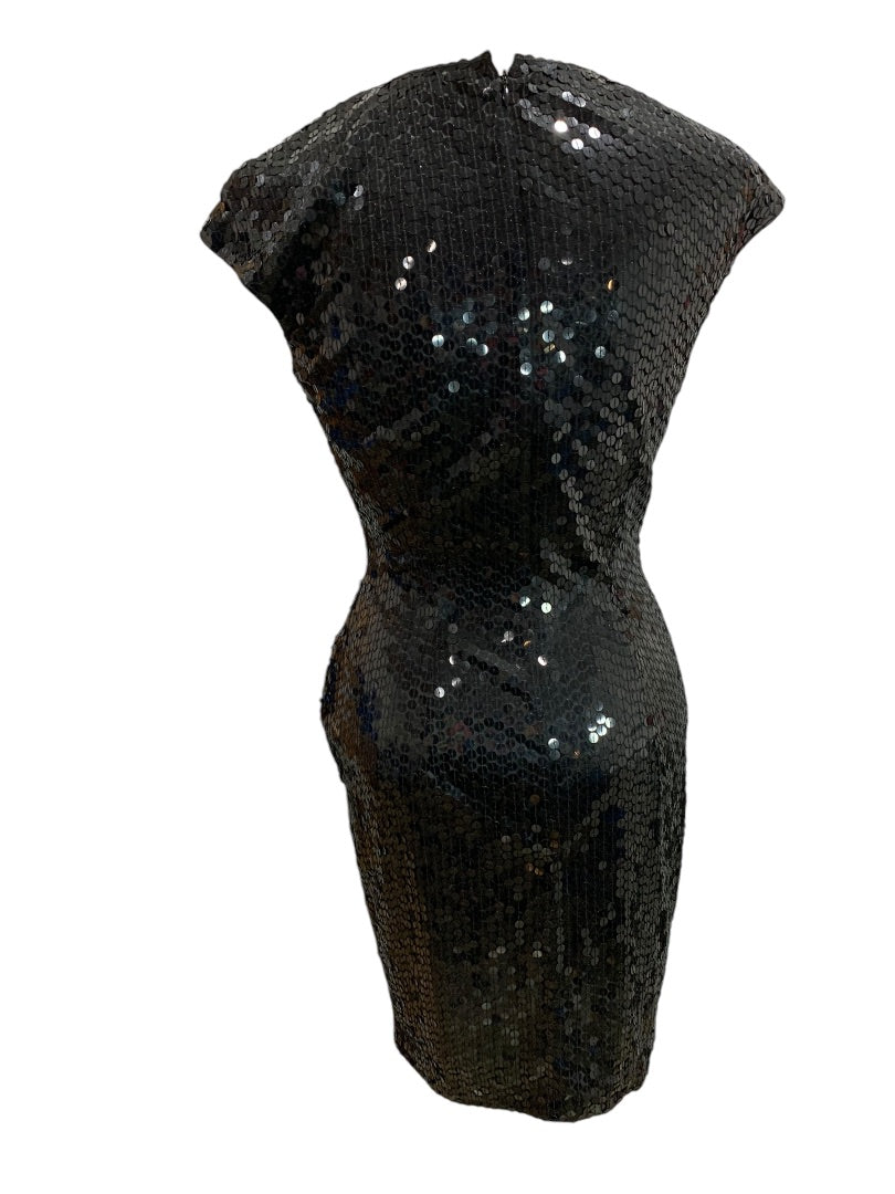 Size 6 Nite Line Vintage 1990s Black Sequin Dress Sheath Waist Drape