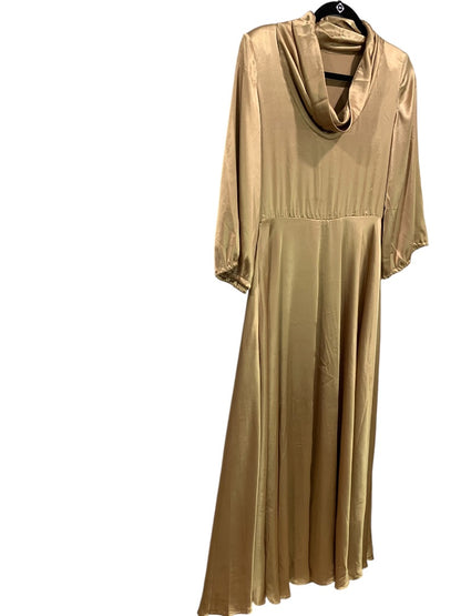 Medium Vintage 1970s Draped Gold Silky Gown Handmade Cowl Neck Dress Flawed