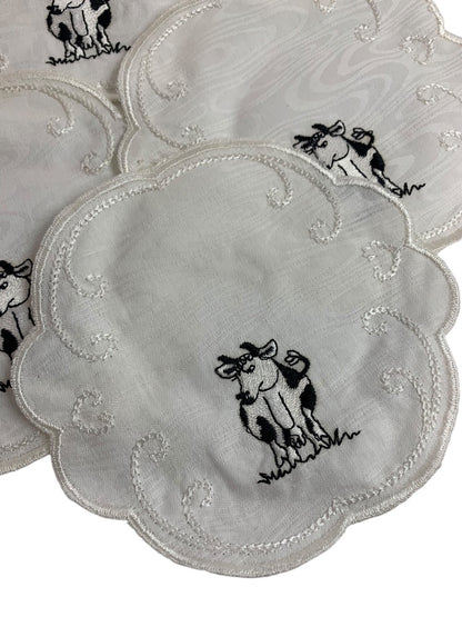 Vintage Set of 6 Doilies Embroidered Cow Linens 5.75 Inches