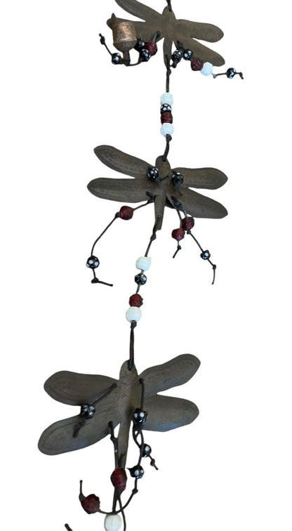 Rustic 30" Metal Dragonfly Bell Glass Beads 4.5 Inch Wingspan