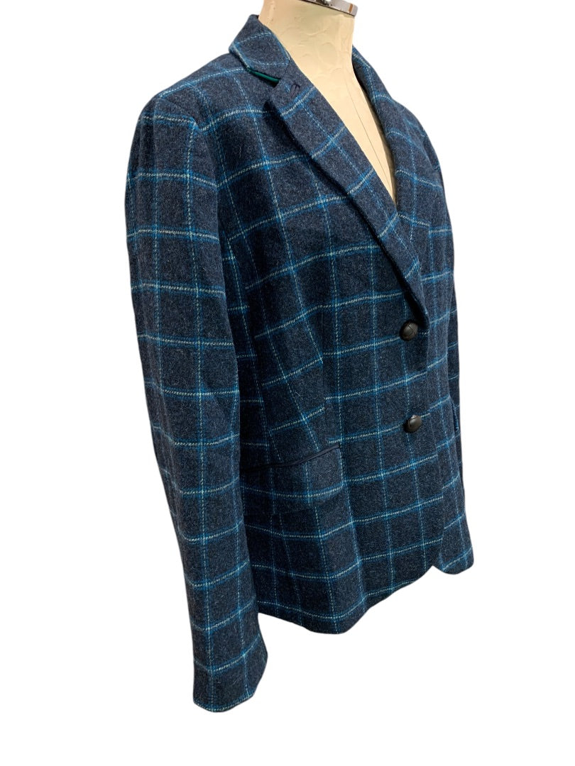 Size 14 Talbots Womens Wool Blend Plaid Blazer Jacket Blue Preppy Career