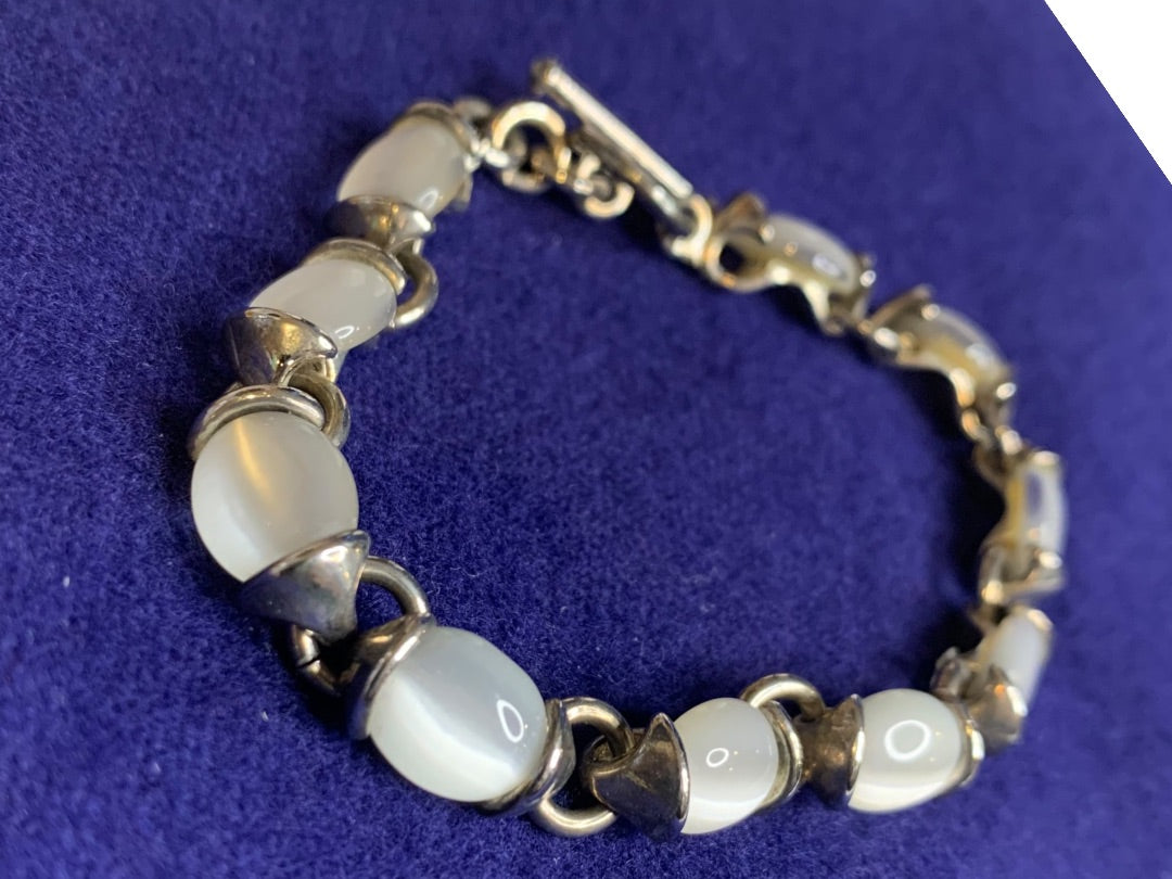 Silvertone and White Stone Bracelet Toggle Clasp 7.5 Inch