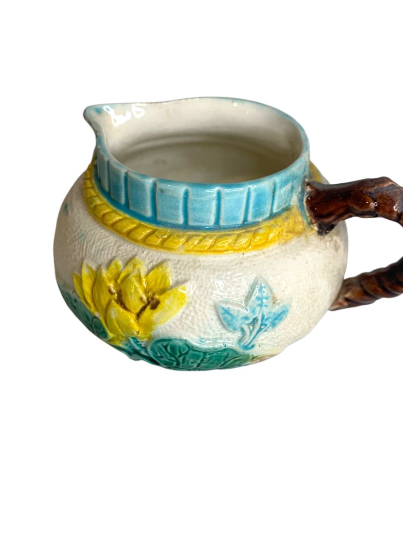 English Majolica Creamer Pond Lily and Rope Antique