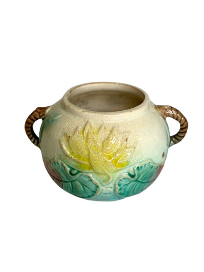 English Majolica Sugar Bowl Pond Lily and Rope Antique