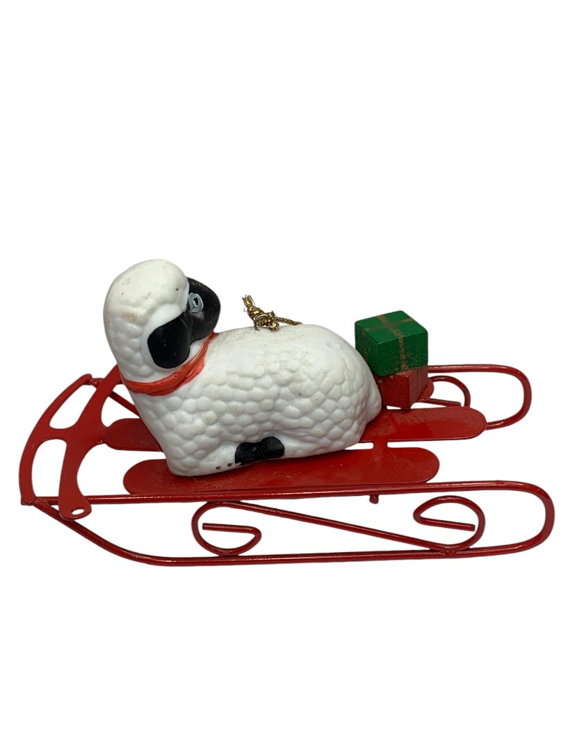 Vintage Ceramic Sheep on Metal Sled Ornament Christmas Holiday