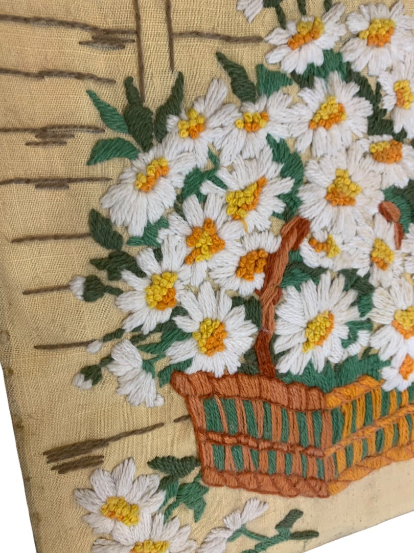 Vintage 1970s Crewel Embroidery Daisy Basket Framed Picture 17.5x13.5 Inches