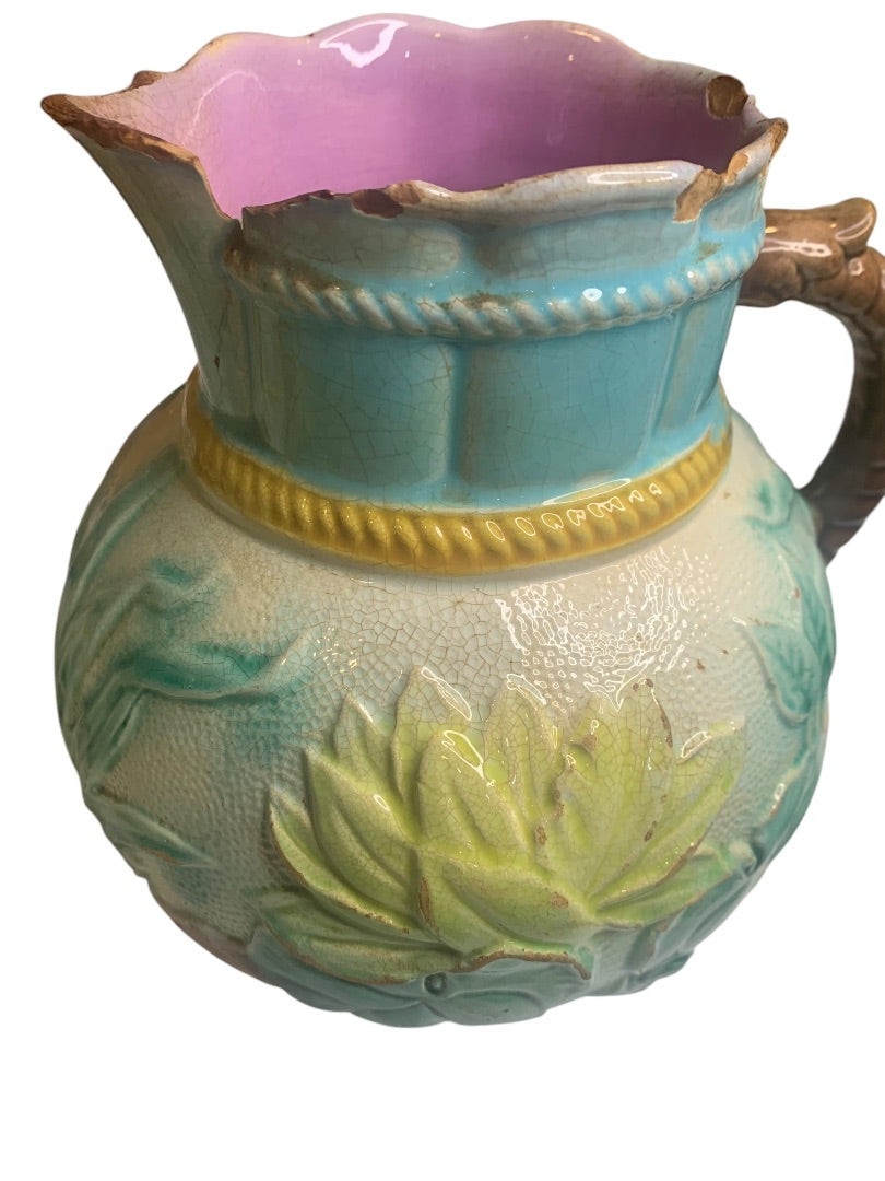 Samuel Lear Majolica Pitcher Water Pond Lily Rope Antique Victorian Chips