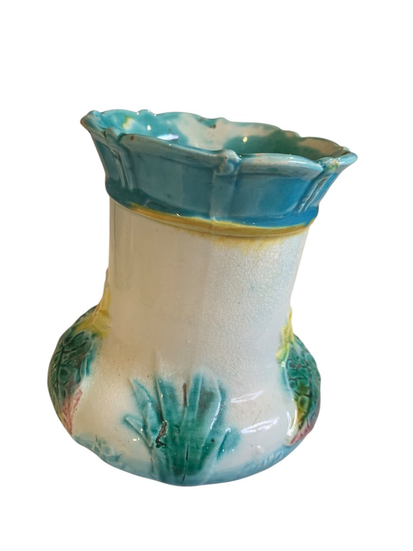 Antique Majolica Lily Pond Pitcher Pottery 5 Inch Vibrant Color