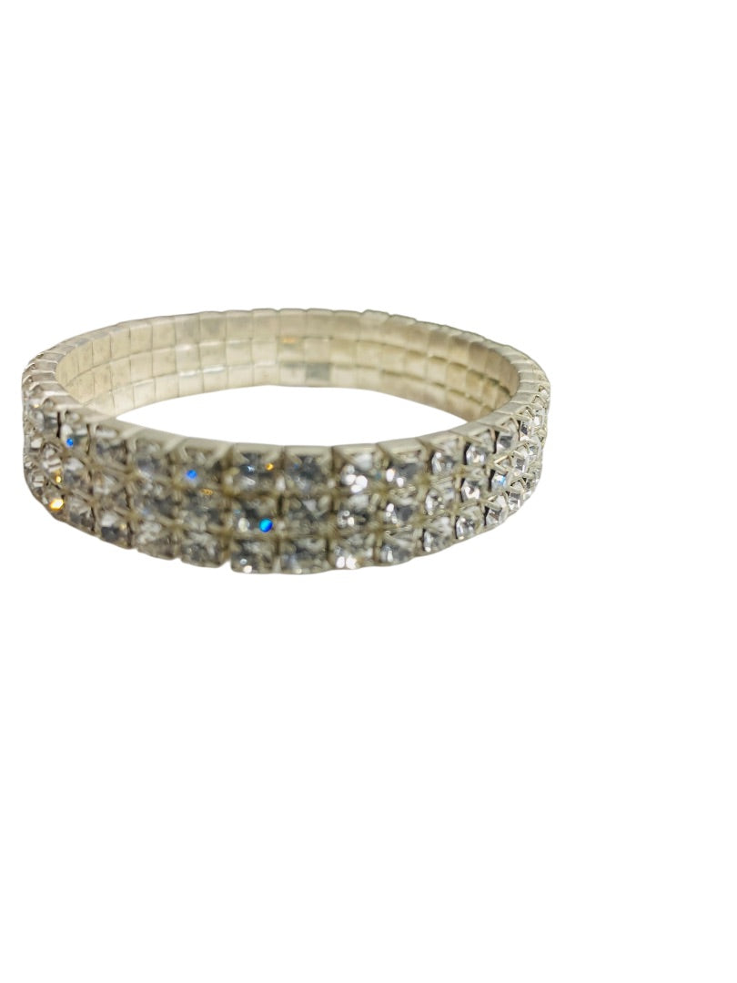 Vintage Rhinestone 3 Row Stretch Bracelet Silvertone Setting