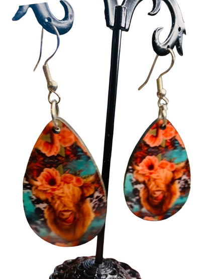 Highland Cow Floral Hook Pierced Earrings Lightweight Double Sided 2.4" Drop