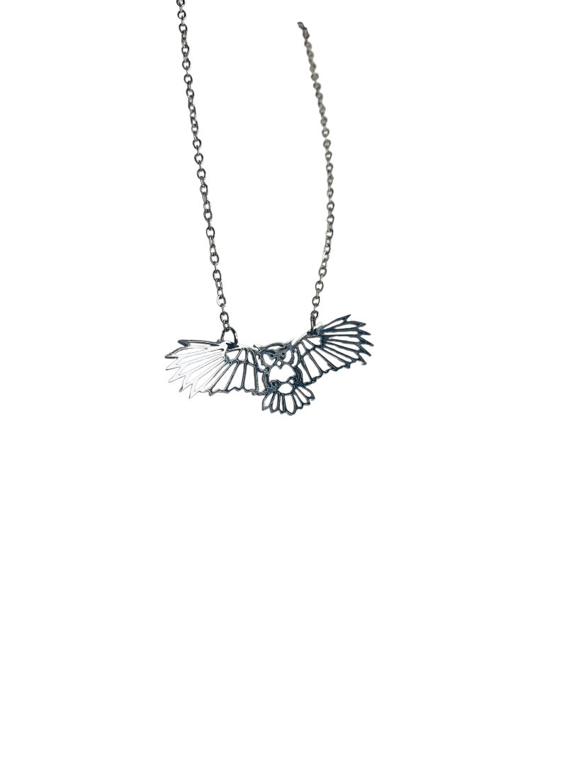 Silvertone Flying Owl Pendant Lasercut 18 Inch