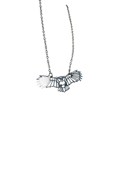 Silvertone Flying Owl Pendant Lasercut 18 Inch