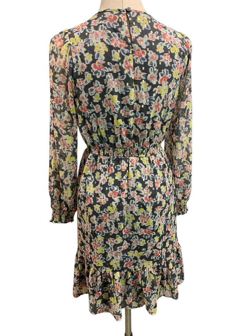 XXS LOFT New Gray Metallic Floral Dress Banded Waist Long Sheer Sleeve