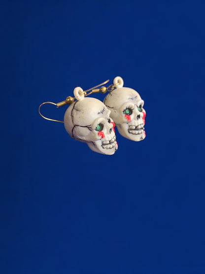 Vintage Russ Skeleton Skull Hook Pierced Earrings 2 Inch Drop Dangle