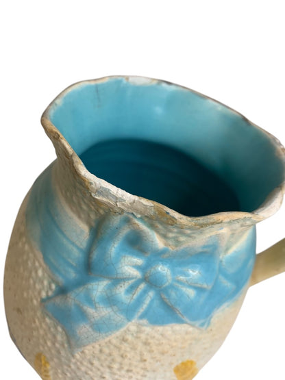 Antique Simon Fielding Majolica Pitcher Pottery Wildflower Blue Bow 6 Inch