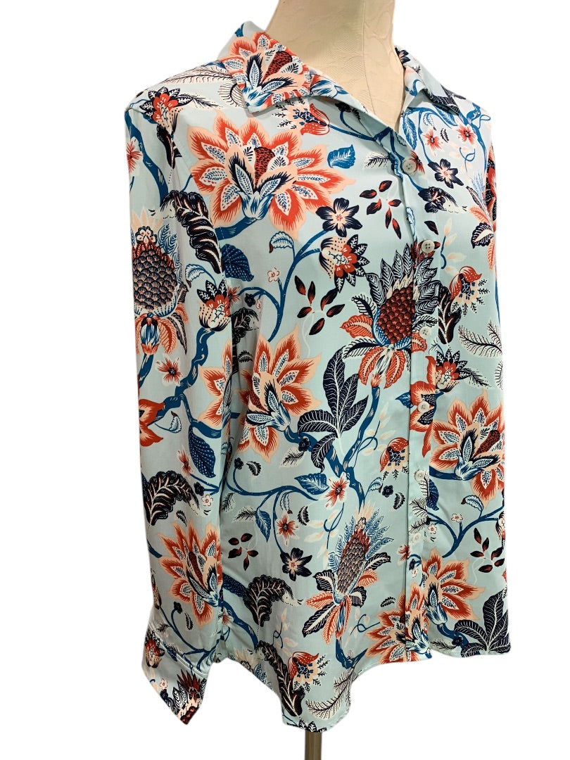 Size 8/10 Chicos Womens Button Up Blouse Shirt Modal Blue Floral