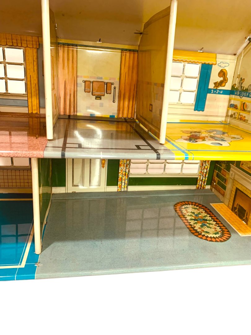 1950s Marx Tin Lithograph Doll House Colonial Style 2 Story Balcony