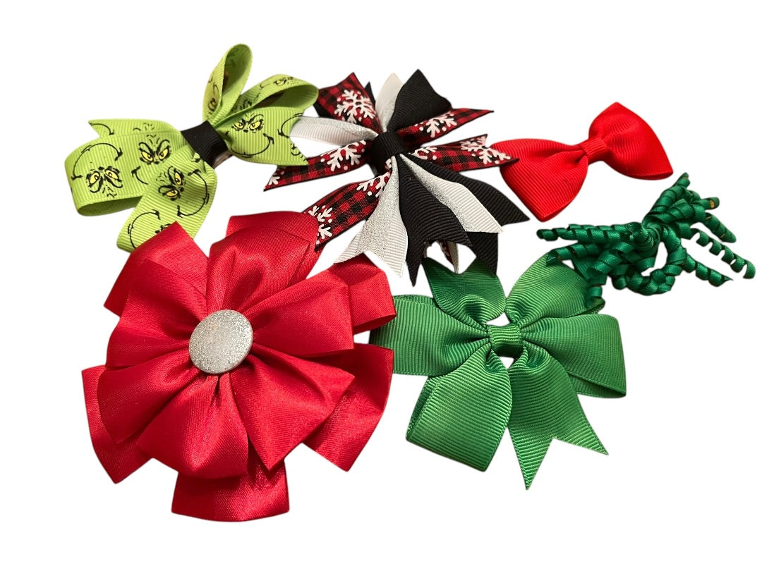 Lot of 9 Holiday Hair Bows Clip Ribbons Grils Grinch Striped