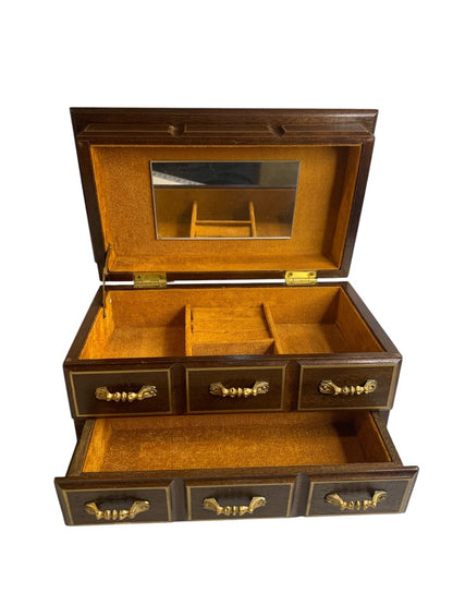Vintage Refreshed Wood Goldtone Musical Jewelry Box Mirror