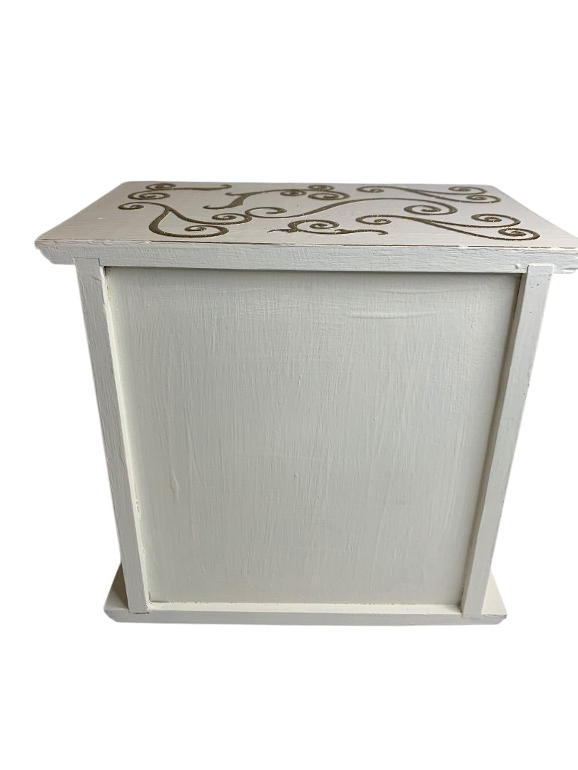 Shabby Chic White Goldtone Distressed Tabletop Jewelry Box 8"l x 7.5"h