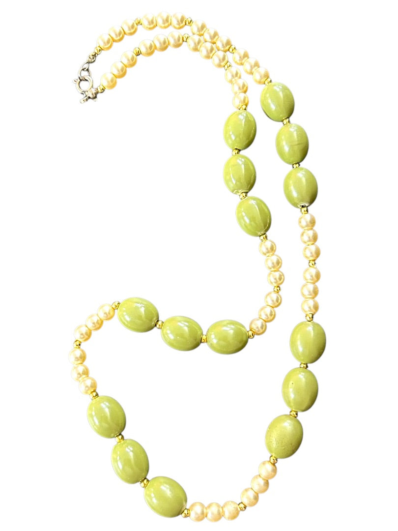 Vintage Faux Pearl Avocado Green Necklace 22 Inch Spring Clasp