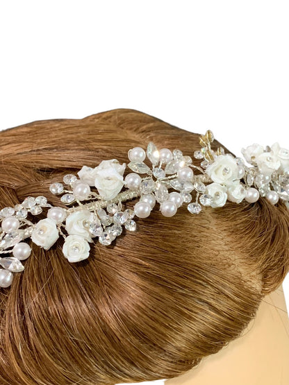 Silvertone and White Floral Girls Headband First Communion Formal Crystal