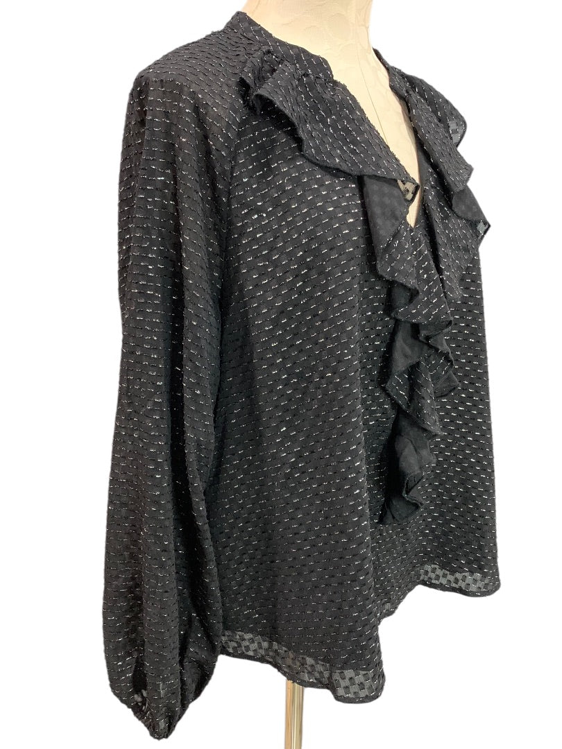 Large Nanette Lepore Womens Black Ruffle Front V-Neck Popover Shirt Blouse