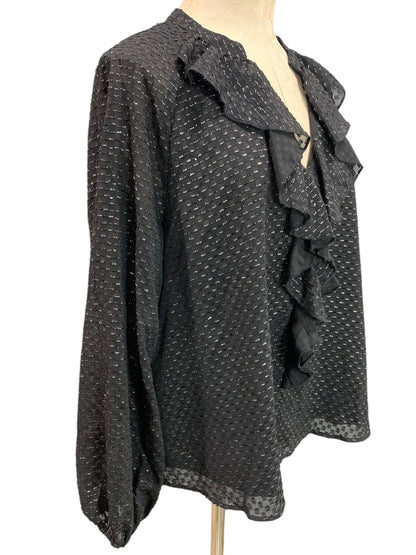 Large Nanette Lepore Womens Black Ruffle Front V-Neck Popover Shirt Blouse