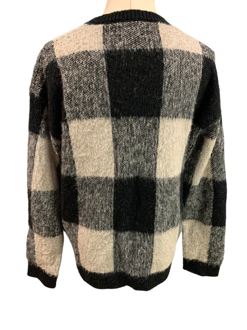 Large Lucky Brand Womens Wool Blend Sweater Buffalo Plaid Gray Black