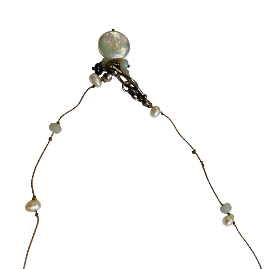 Silvertone Heart Pendant Necklace Delicate Aqua and Pearl Beads 18.5 Inch