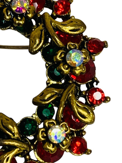 Brooch Pin Goldtone Wreath Red Crystals 1.75 Inch Diameter