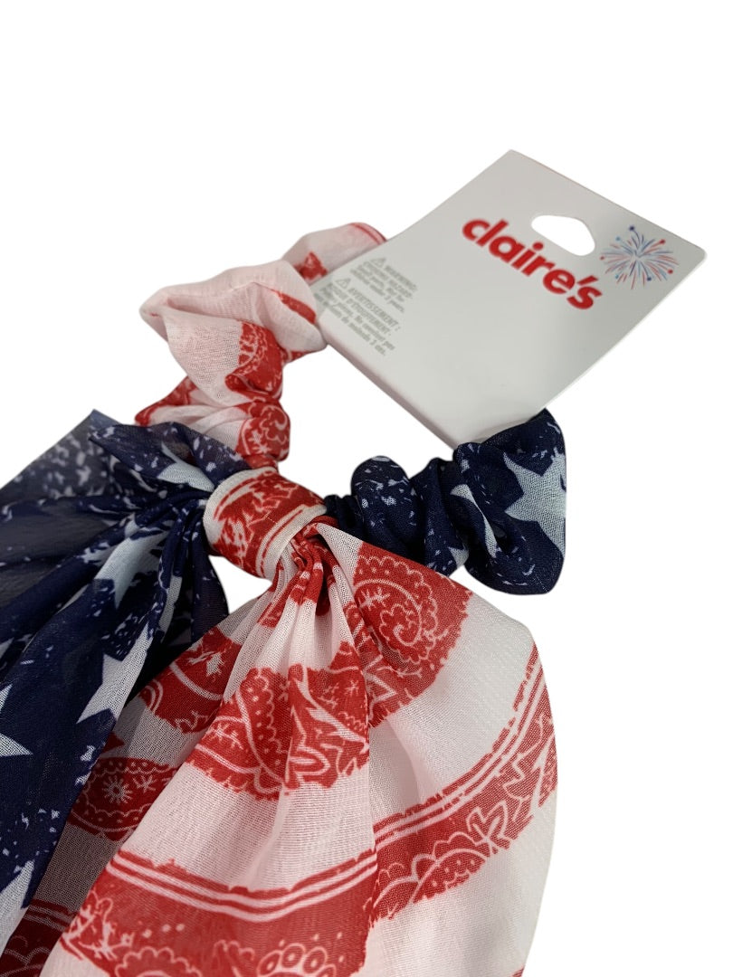 Claires New Hair Elastics Sheer Fabric Cover Train Tail Stars Stripes Patriotic