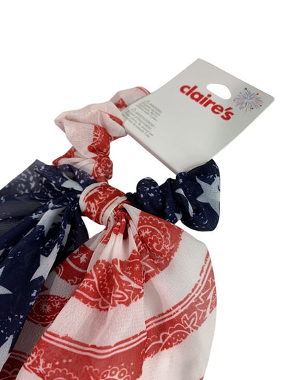 Claires New Hair Elastics Sheer Fabric Cover Train Tail Stars Stripes Patriotic