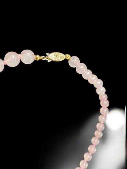Vintage Rose Quartz Hand Knotted 24 Inch Necklace Fish Hook Intricate Clasp