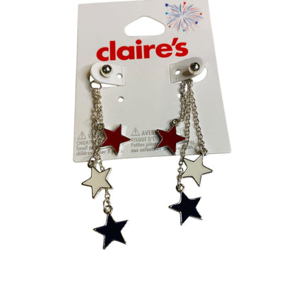 Claires New Post Pierced Earrings Silvertone Stars Patriotic USA 2.5 Inch Drop