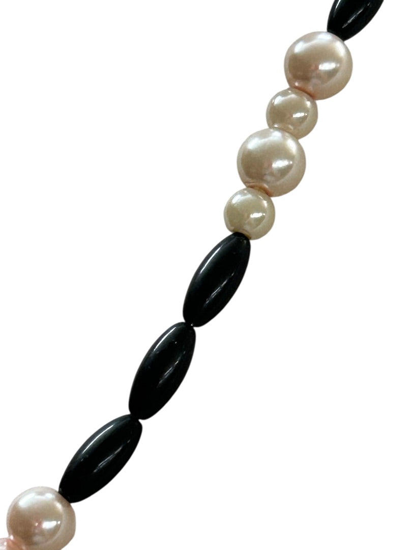 Faux Pink Pearl Black Bead 24 Inch Necklace Spring Clasp Lobster Clasp