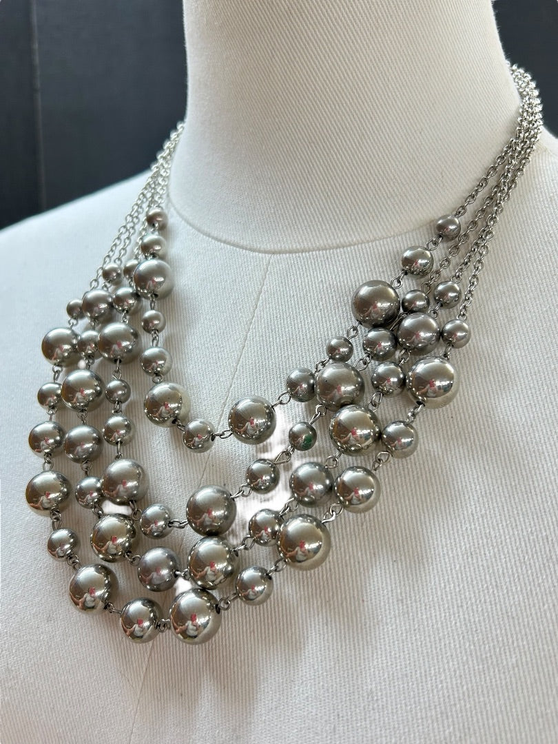 4 Strand Silvertone Beaded Bib Statement Necklace 16 Inch