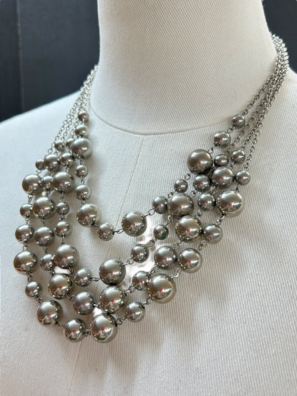 4 Strand Silvertone Beaded Bib Statement Necklace 16 Inch