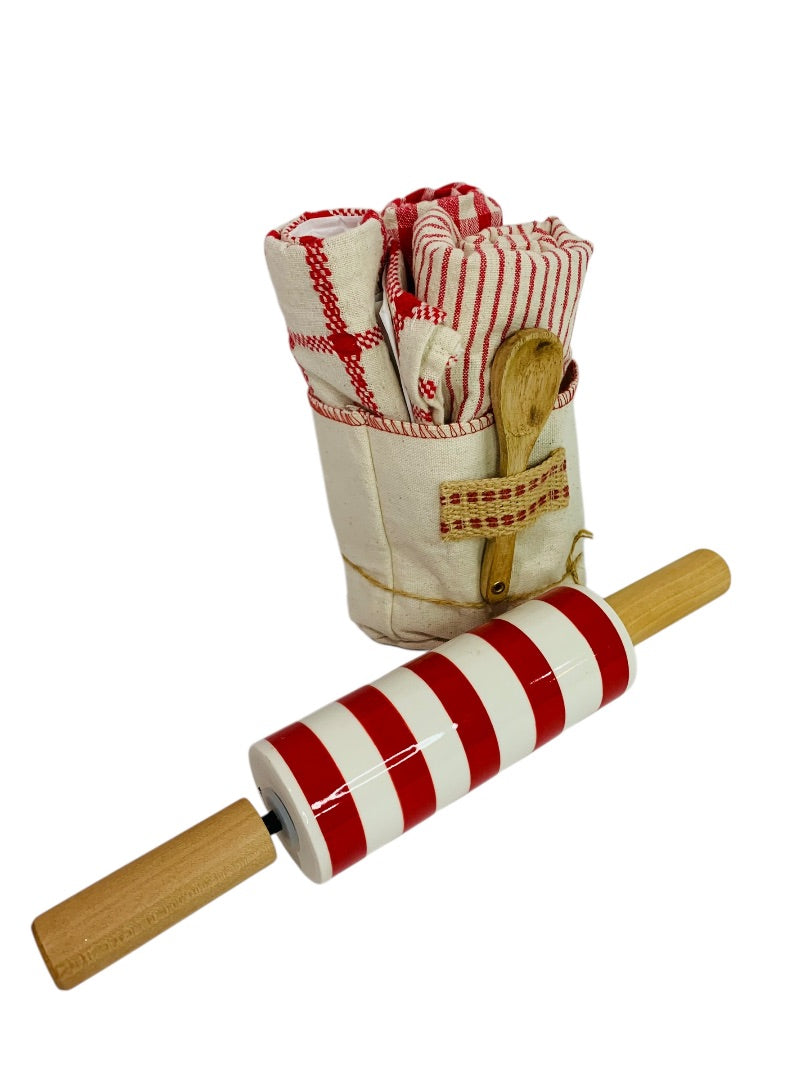 Kitchen Baking Set 3 Towels Spoon Ceramic Rolling Pin New Red
