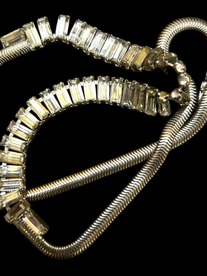 Vintage Emerald Cut Rhinestone Necklace on Snake Chain 16 Inch Box Clasp