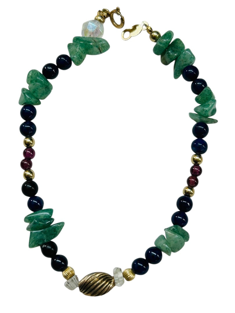 Beaded and Chip Stone 7 Inch Bracelet Green Blue Goldtone Spring Clasp