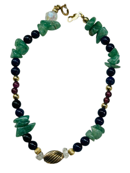 Beaded and Chip Stone 7 Inch Bracelet Green Blue Goldtone Spring Clasp