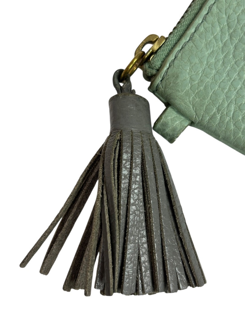 Fossil Tara Wristlet Green Pebbled Leather Gray Tassel 6 x 4 Inch