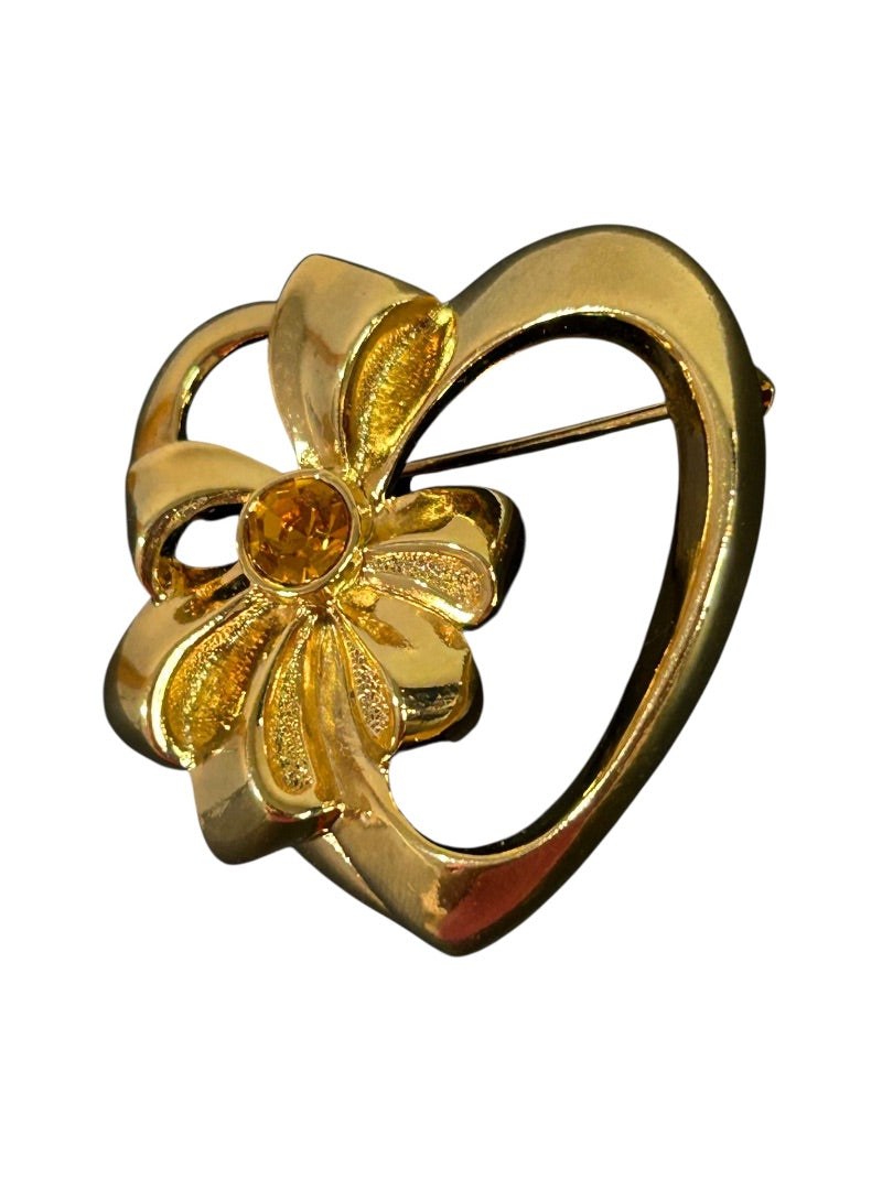 Vintage Goldtone Brooch Pin Heart Shape with Bow Orange Crystal 1.5 Inch