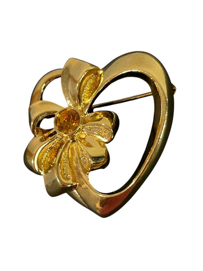 Vintage Goldtone Brooch Pin Heart Shape with Bow Orange Crystal 1.5 Inch